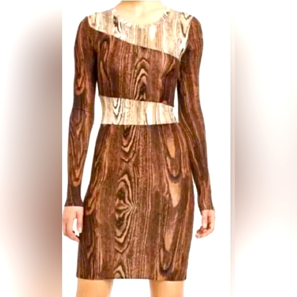 🆕 Bcbg Maxazria Wood 🪵 pattern Brown Tan Modal Dress